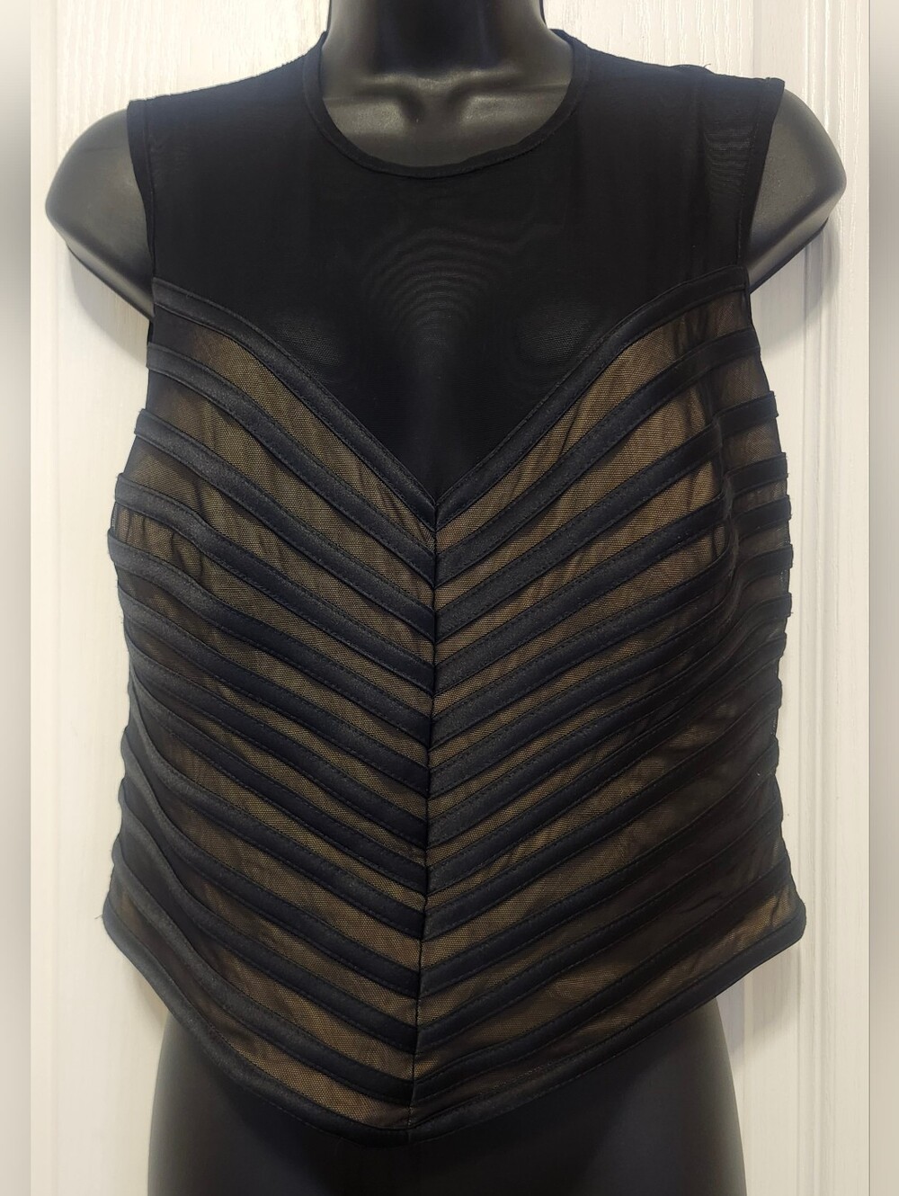 Cache Black Sheer Striped Sleeveless Top Size LARGE